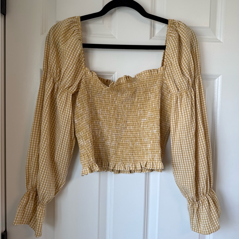 Urban Outfitters Yellow Ruffled Ruche Crop‎ Top Smocked Long Sleeve Checkered S - Picture 3 of 14
